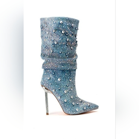 🆕 AZALEA WANG AKIRA Elegant Blue Rhinestone Heeled Boots - Picture 6 of 12